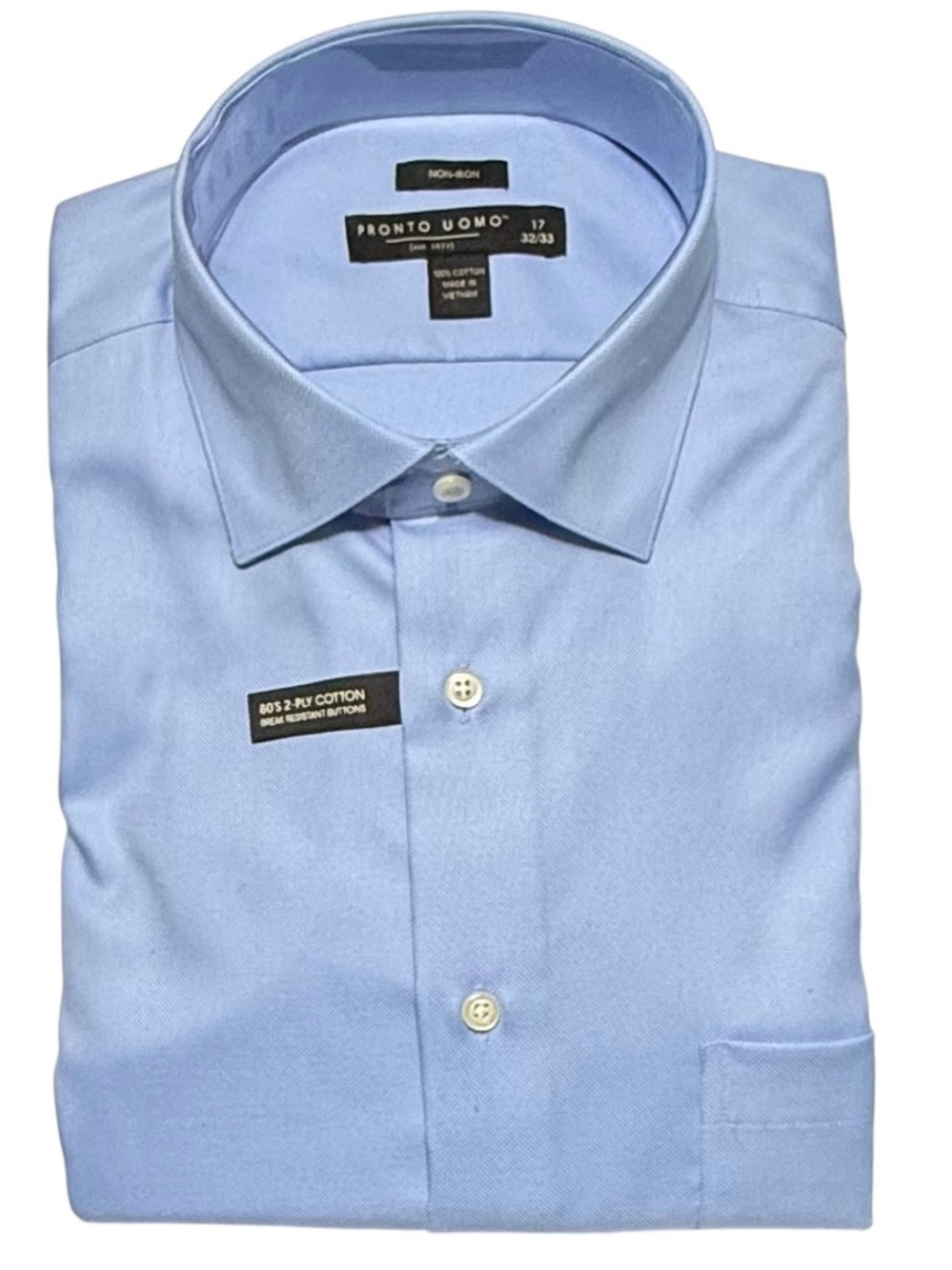 NWT Pronto Uomo Dress Shirt 17 32/33 Blue Queen's Oxford 100% Cotton Non-Iron